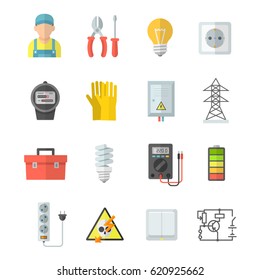 Iconos vectoriales de electricidad. Equipo eléctrico: voltímetro, destornillador, alicates, guantes. Accesorios eléctricos para el hogar: lámpara, enchufe, contador, protección eléctrica, interruptor. Resistencia, voltaje y energía de los iconos.