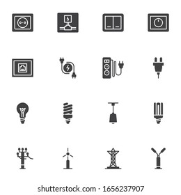 Electricity vector icons set, modern solid symbol collection, filled style pictogram pack. Signs, logo illustration. Set includes icons as Bulb, energy saving lamp, switch, socket, power transmission
