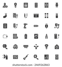 Electricity vector icons set, modern solid symbol collection, filled style pictogram pack. Signs, logo illustration. Set includes icons as Light Bulb, Electrical Outlet, Voltage Tester, Multimeter