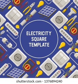 Electricity vector power electrical socket bulbs energy of solar panels illustration backdrop industrial electric plugs and tools pliers background.