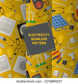 Electricity vector seamless pattern power electrical socket bulbs energy of solar panels illustration backdrop industrial electric plugs and tools pliers background.