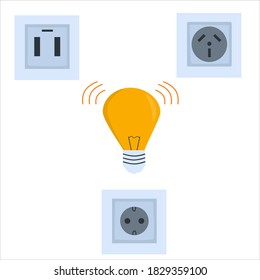 Electricity vector set with light bulb and power socket. home repair, home renovation concept