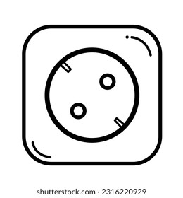 Electricity wall socket stop contact black and white outlined vector icon illustration isolated on square white background. Simple flat outlined minimalist sign drawing with technology power theme