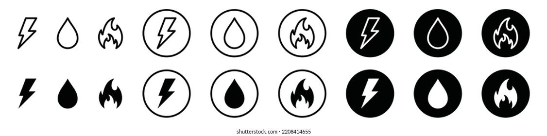 Electricity, water, and, gas icon vector set. Thunderbolt or lightning, drop water, and fire sign symbol silhouette