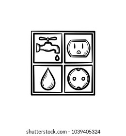 Electricity and water signs hand drawn outline doodle icon. Socket and water drop vector sketch illustration for print, web, mobile and infographics isolated on white background.