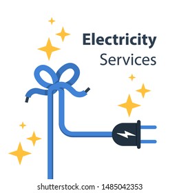 Electricity wire with knot and plug, repair and maintenance services, vector illustration