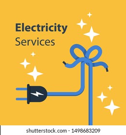 Electricity wire with knot and plug, repair and maintenance services, vector illustration