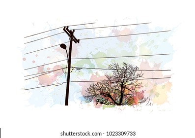 Electricity wire with pole of Watercolor splash with Hand drawn sketch illustration in vector.