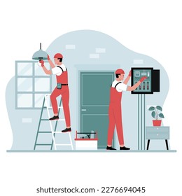 Concepto de ilustración de trabajadores de electricidad. Ilustración de sitios web, páginas de inicio, aplicaciones móviles, afiches y banners. Ilustración vectorial plana de moda