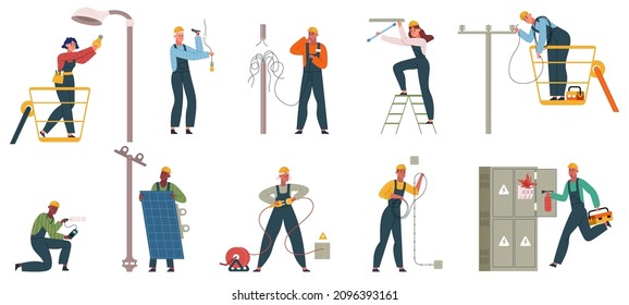 Electricity Workers Repair Power Line, Changing Lamp Bulb. Professional Electricity Workers Service Power Grids Vector Illustration Set. Electricity Repairman Workflow. Fixing Electrical Wiring System