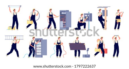 Electricity workers. Technicians services, professional man in uniform. Electrician repair safety, isolated maintenance engineer vector set