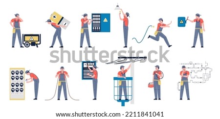 Electricity workers work with transformer, maintenance energy objects. Electrical safety, technician electrician man and power supply. Recent service vector characters