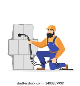 Electricity works. Professional worker in the uniform repair electrical elements. Technician repair cable. Isolated vector illustration in cartoon style