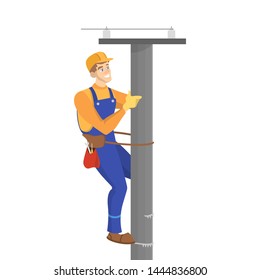 Electricity works. Professional worker in the uniform repair electrical elements. Technician repair cable. Isolated vector illustration in cartoon style