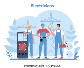 Electricity works service concept. Professional worker in the uniform repair electrical element. Technician repair and energy saving. Isolated vector illustration in cartoon style