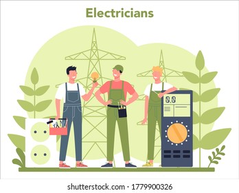 El concepto de servicio de electricidad funciona. Trabajador profesional en el elemento eléctrico de reparación uniforme. Reparación de técnicos y ahorro de energía. Ilustración vectorial aislada en estilo de dibujos animados