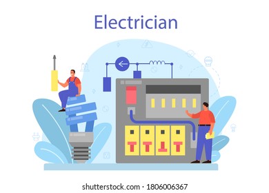 El concepto de servicio de electricidad funciona. Trabajador profesional en el elemento eléctrico de reparación uniforme. Reparación de técnicos y ahorro de energía. Ilustración vectorial aislada en estilo de dibujos animados