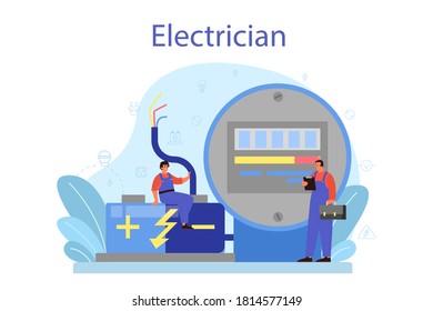 El concepto de servicio de electricidad funciona. Trabajador profesional en el elemento eléctrico de reparación uniforme. Reparación de técnicos y ahorro de energía. Ilustración vectorial aislada en estilo de dibujos animados