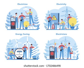 Electricity works service concept set. Professional worker in the uniform repair electrical element. Technician repair and energy saving. Isolated vector illustration in cartoon style