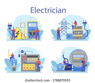 Electricity works service concept set. Professional worker in the uniform repair electrical element. Technician repair and energy saving. Isolated vector illustration in cartoon style