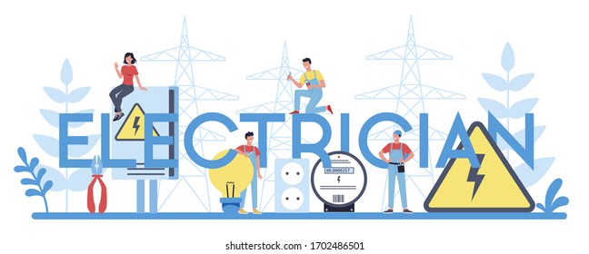 Servicio de obras eléctricas o concepto de encabezado tipográfico electricista. Trabajador profesional en el elemento eléctrico de reparación uniforme. Reparación técnica y ahorro de energía. Ilustración vectorial aislada