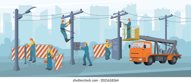 Las obras de electricidad sirven de fondo plano con electricistas que trabajan en la calle de la ciudad con iluminación al aire libre ilustraciones vectoriales