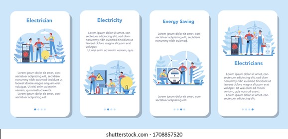 Juego de banners para aplicaciones móviles del servicio de electricidad. Trabajador profesional en el elemento eléctrico de reparación uniforme. Reparación técnica y ahorro de energía. Ilustración vectorial aislada