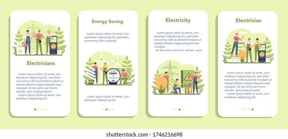 Juego de banners para aplicaciones móviles del servicio de electricidad. Trabajador profesional en el elemento eléctrico de reparación uniforme. Reparación de técnicos y ahorro de energía. Ilustración vectorial aislada