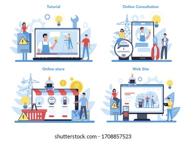 Electricity works service online service or platform on differernt device concept set. Online workshop, consultation or video tutorial. Technician repair of electrical element. Vector illustration