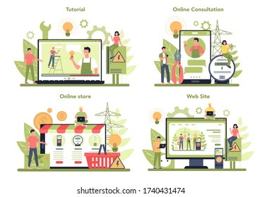 Electricity works service online service or platform on differernt device concept set. Online workshop, consultation or video tutorial. Technician repair of electrical element. Vector illustration