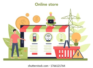 Electricity works service online service or platform. Online workshop. Technician repair of electrical element. Vector illustration