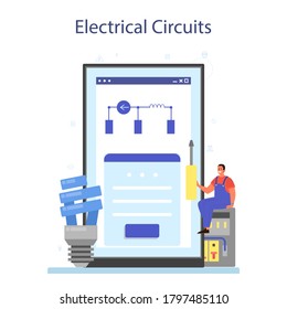 Servicio de Electricity works en línea o plataforma. Trabajador profesional en el elemento eléctrico de reparación uniforme. Circuitos eléctricos. Ilustración vectorial aislada