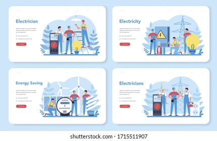Electricity works service web banner or landing page set. Professional worker in the uniform repair electrical element. Technician repair and energy saving. Isolated vector illustration