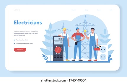 Electricity works service web banner or landing page. Professional worker in the uniform repair electrical element. Technician repair and energy saving. Isolated vector illustration