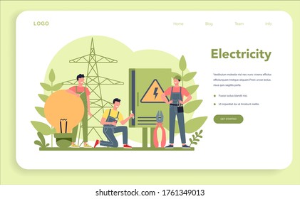 Electricity works service web banner or landing page. Professional worker in the uniform repair electrical element. Technician repair and energy saving. Isolated vector illustration