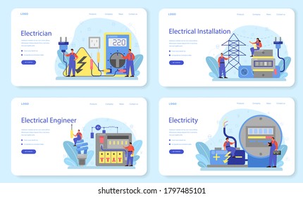 Electricity works service web banner or landing page set. Professional worker in the uniform repair electrical element. Technician repair and energy saving. Isolated vector illustration