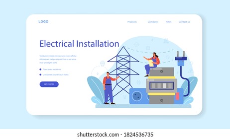 Banner web o página de inicio del servicio de Electricity works. Trabajador profesional en el elemento eléctrico de reparación uniforme. Reparación de técnicos y ahorro de energía. Ilustración vectorial aislada