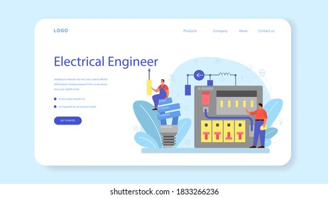 Banner web o página de inicio del servicio de Electricity works. Trabajador profesional en el elemento eléctrico de reparación uniforme. Reparación de técnicos y ahorro de energía. Ilustración vectorial aislada