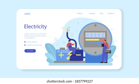 Banner web o página de inicio del servicio de Electricity works. Trabajador profesional en el elemento eléctrico de reparación uniforme. Reparación de técnicos y ahorro de energía. Ilustración vectorial aislada