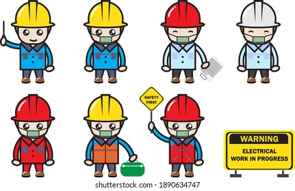 Electricity works set. professional worker in the uniform Premium Vector