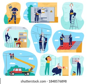 Electricity works set of vector illustrations. Electric works and equipment, electricians performing electrical works indoors and outdoors. Cables, voltage maintenance, technician service.