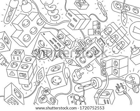 Electrics and electrical appliances. Background. Wires, bulbs and switches. Electro extension cord. Freehand vector line hand-drawn sketch.