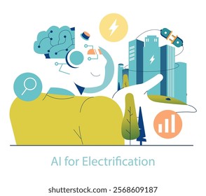 Electrification concept. Artificial intelligence streamlines city energy systems, optimizing transport and power grids. AI-driven sustainable urban development. Vector illustration.