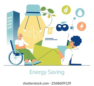 Electrification concept. Individuals engage with renewable energy sources, showcasing energy conservation and sustainable living. Vector illustration.