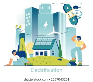 Electrification concept. Urban and residential transition to renewable energy, featuring solar panels and wind turbine. Vector illustration.