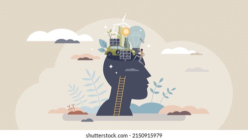 Electrification and power source change to electricity tiny person concept. Environment friendly and renewable energy with wind turbine and solar panels vector illustration. Technology development.