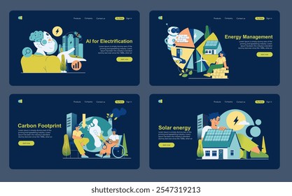 Conjunto de eletrificação. Integração da IA, conservação de energia, redução do impacto do carbono e adoção da energia solar. Uma vida moderna e sustentável. Ilustração vetorial.