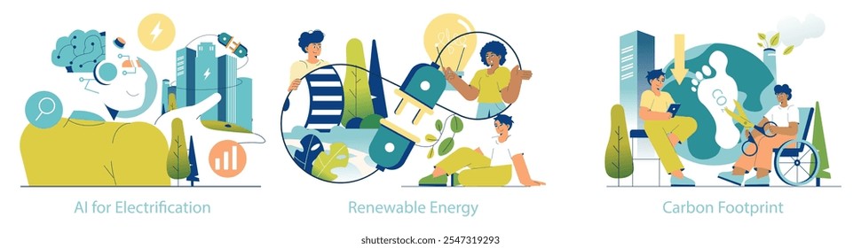 Electrification set. Depiction of AI aiding electrification, the harnessing of renewable energy, and reducing carbon footprint. Sustainable technology integration. Vector illustration.