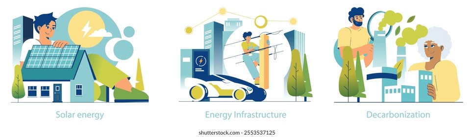 Electrification set. Renewable energy sources and sustainable power ecosystems. Harnessing solar energy, building smart grids, pursuing clean air goals. Vector illustration.