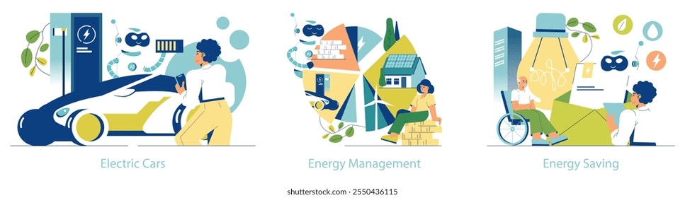 Electrification set. Sustainable energy solutions like electric cars, efficient energy management, and saving. Eco-friendly living concepts. Vector illustration.